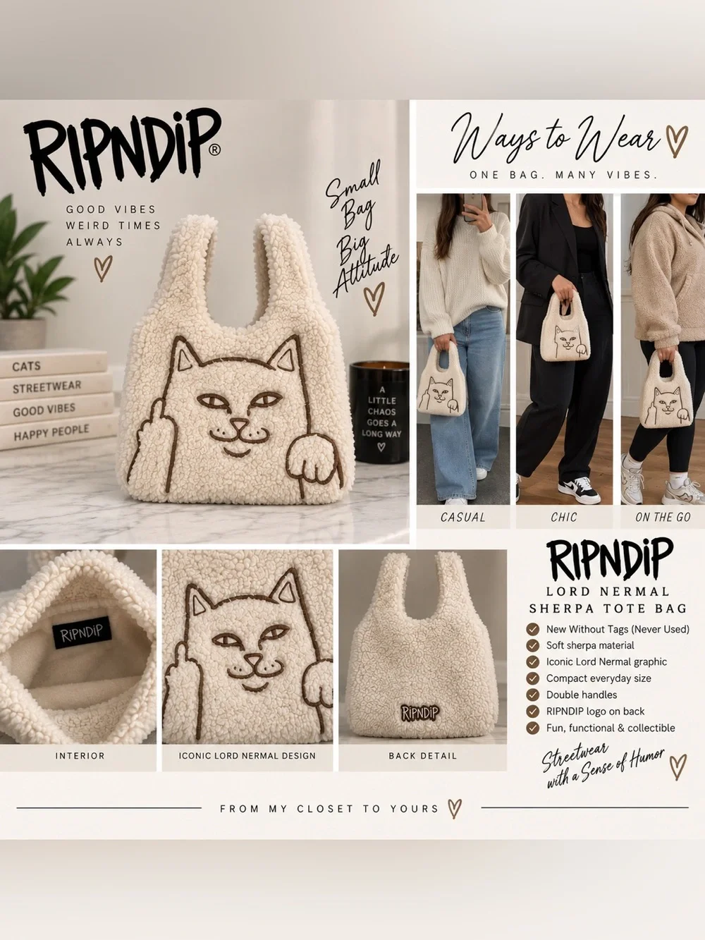 RIPNDIP Peeking Nermal Cream Sherpa Tote Bag (NWOT)